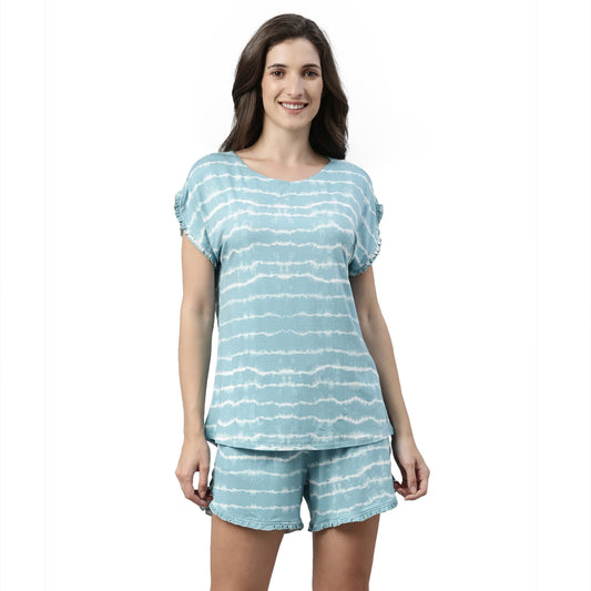 Enamor Essentials Womens Relaxed Fit Modal Fabric Short Sleeve Printed Shirt and Mid-Rise Mid-Thigh Length Slounge Shorts Set -
