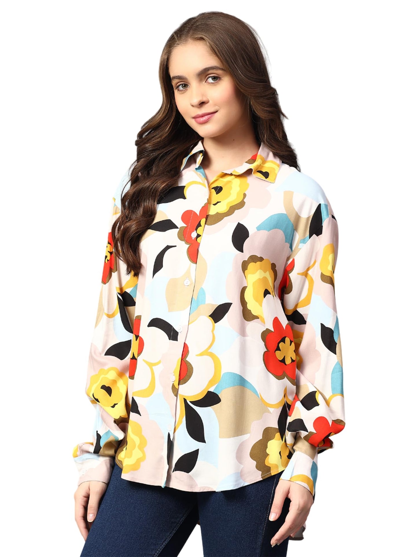 Kotty WomenS Oversized Printed Cotton Blend Stylish Looking Shirts(Multicolor,S)