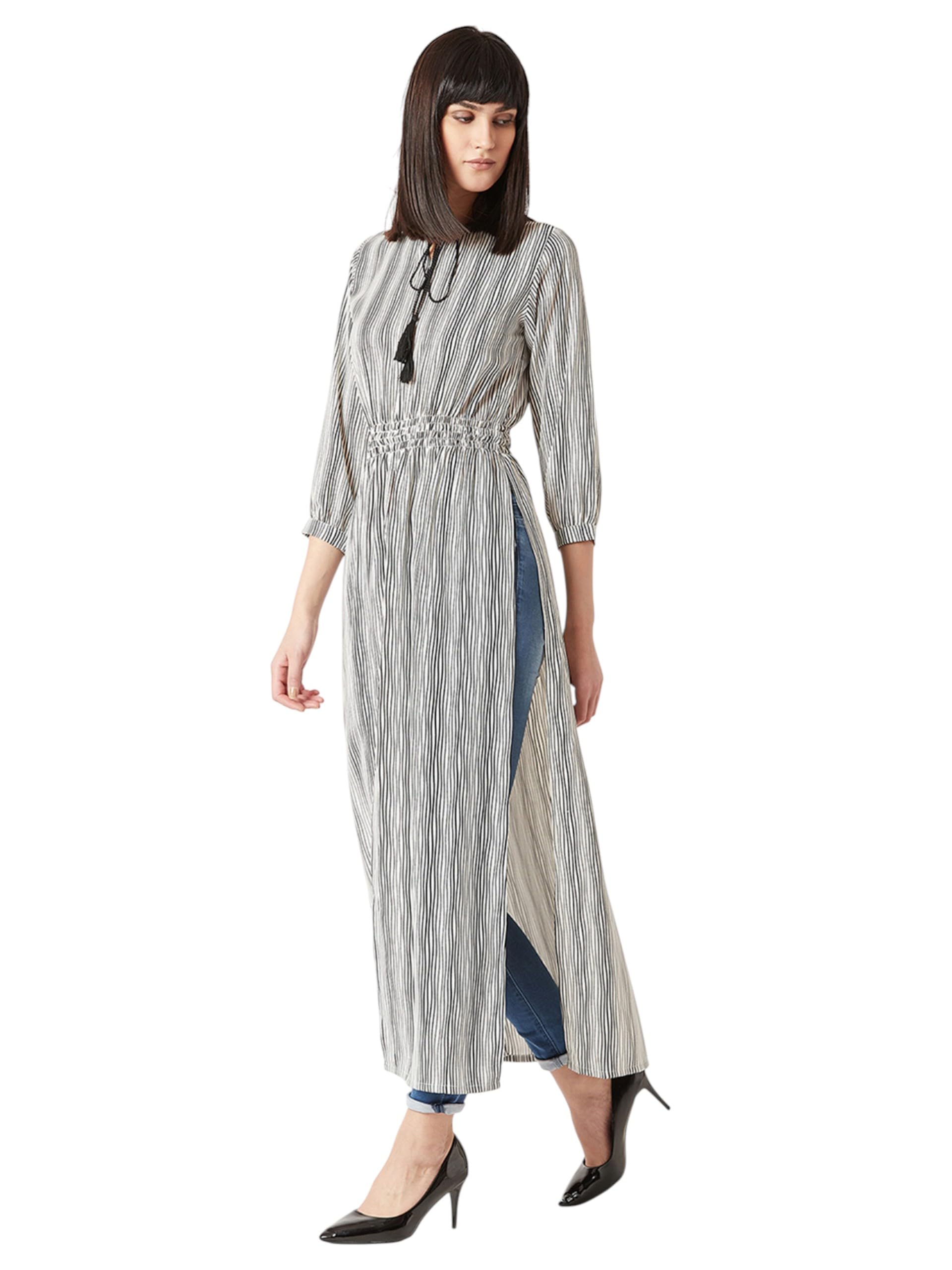 Miss Chase Womens Round Neck Striped Tassel Tie-Up Detailing Maxi Top (MCSS20TP99-35-98-06, Black and White, XL)
