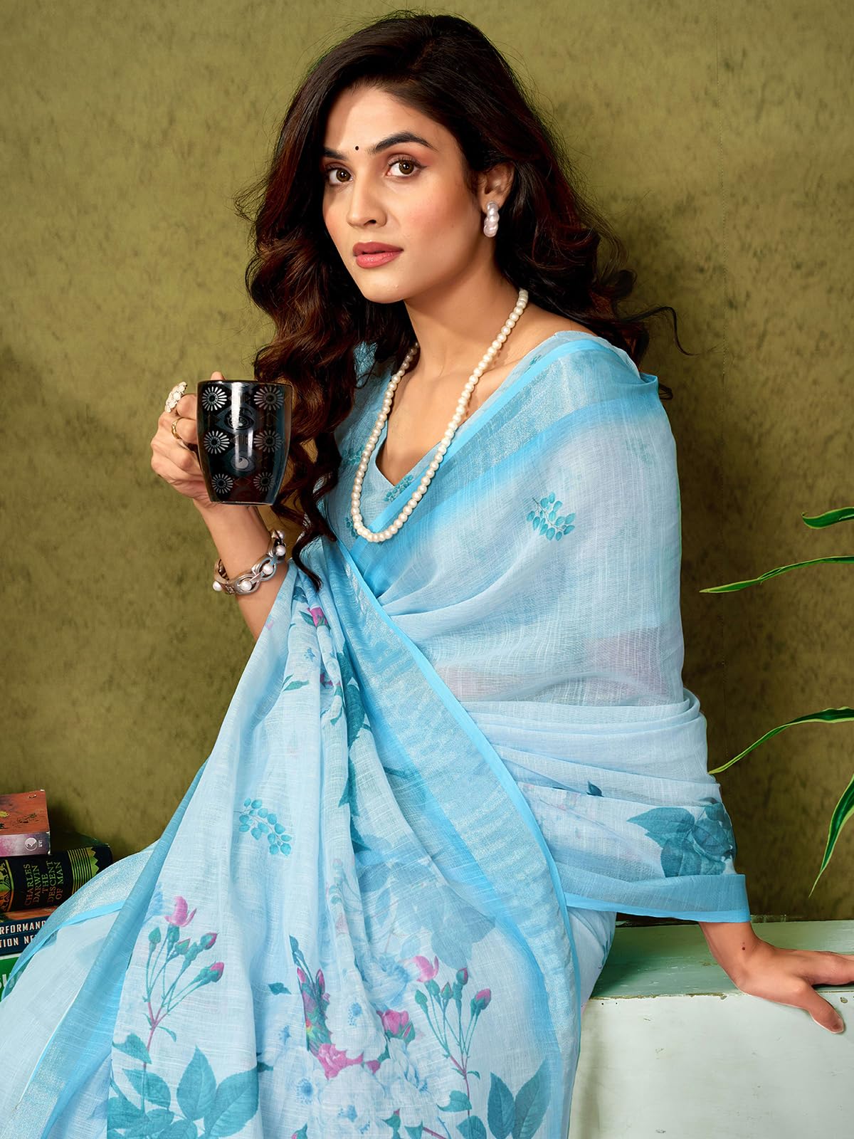 Satrani WomenS Linen Zari Border Printed Ready To Wear One Minute Pre Pleated Readymade Saree With Unstitched Blouse Piece (34R