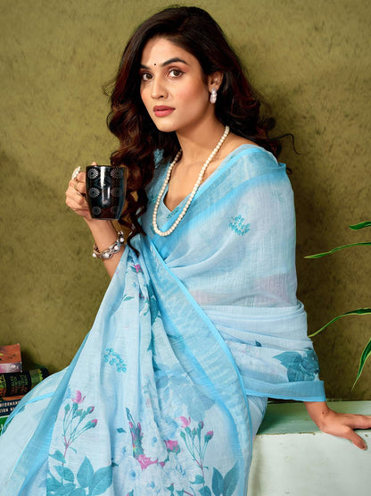Satrani WomenS Linen Zari Border Printed Ready To Wear One Minute Pre Pleated Readymade Saree With Unstitched Blouse Piece (34R