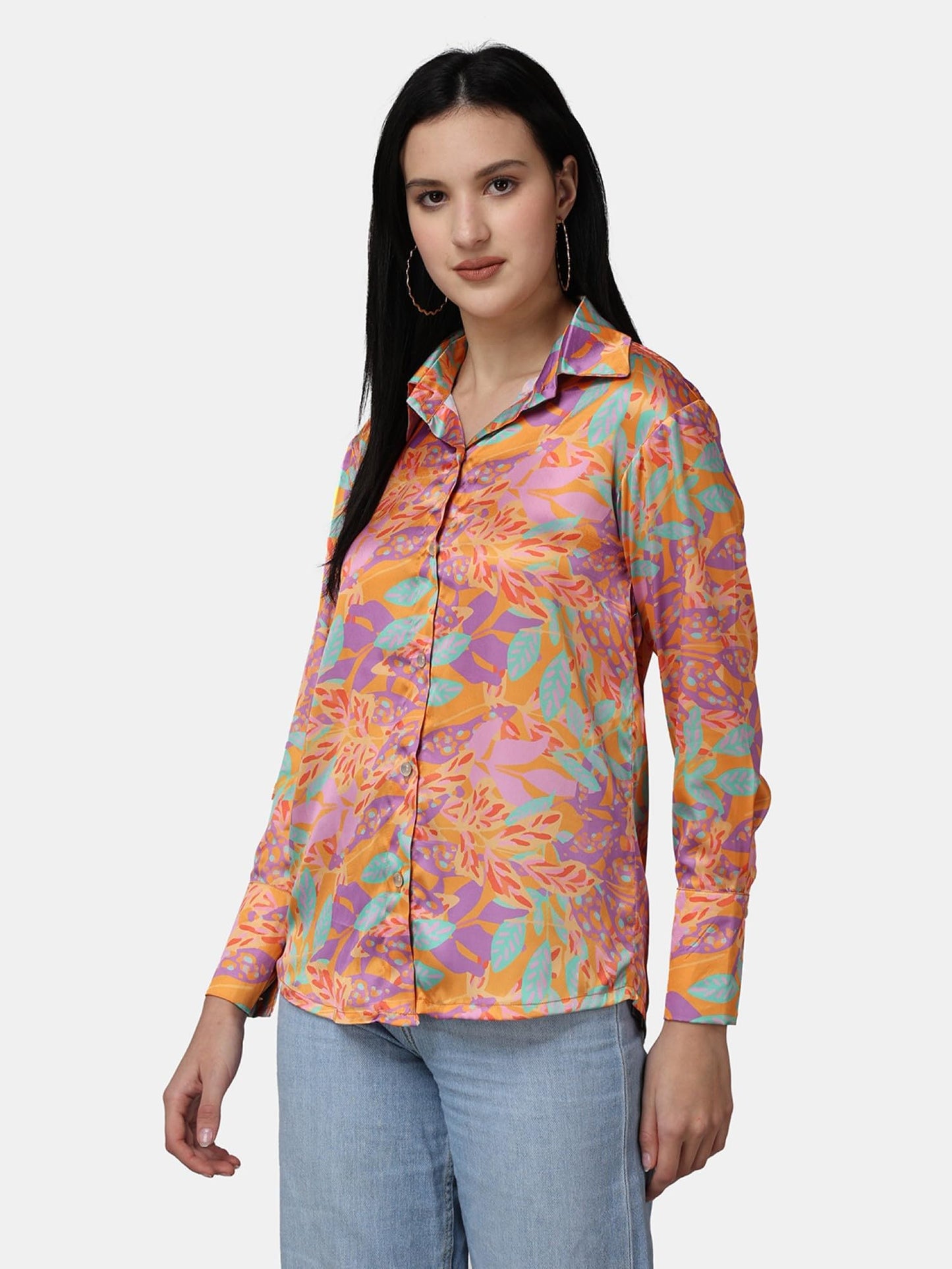 POPWINGS Printed Full-Sleeves Regular-Fit Satin Printed Shirt for Women Stylish Western Casual Wear Multicolour