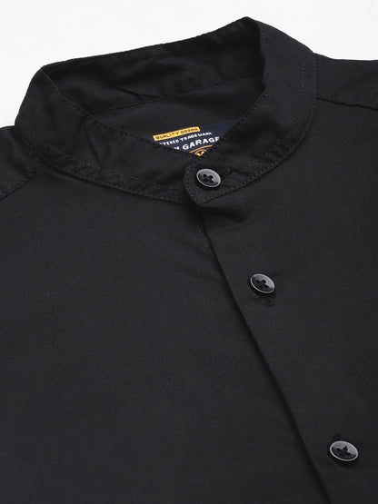The Indian Garage Co Black Regular Fit Mandarin Collar Solid Long Sleeves Shirt