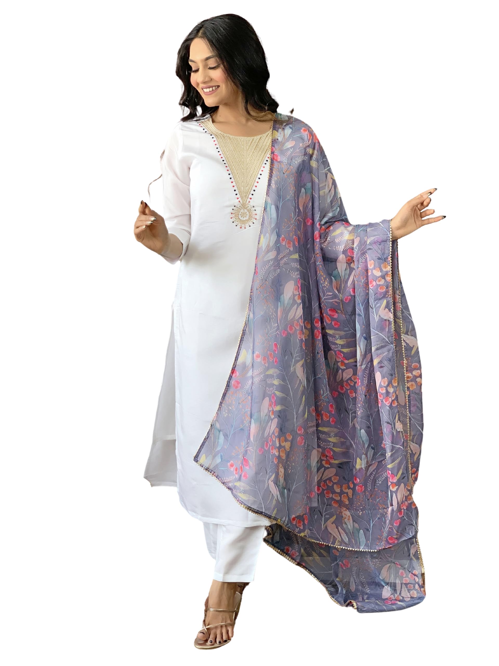 Naixa WomenS Offwhite Rayon Blend Embroidered A-Line Kurta With Rayon Blend Pant And Organza Printed Dupatta Sets (Nx-503-Grey-