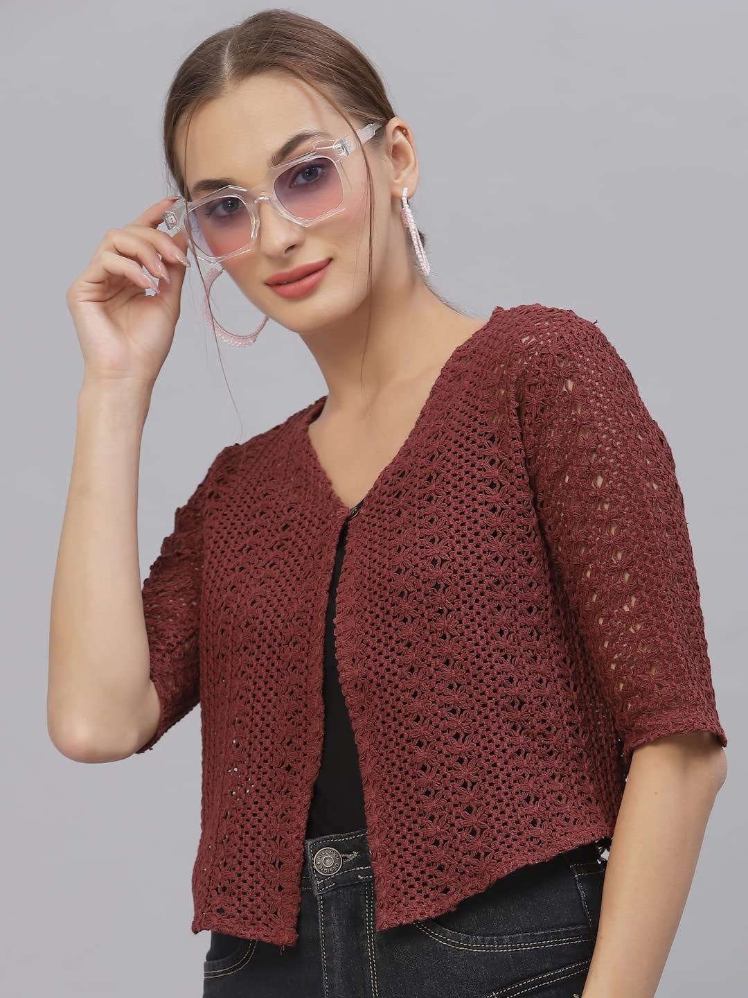 Style Quotient Women Self Design Maroon Cotton lace Regular Smart Casual Shrug
