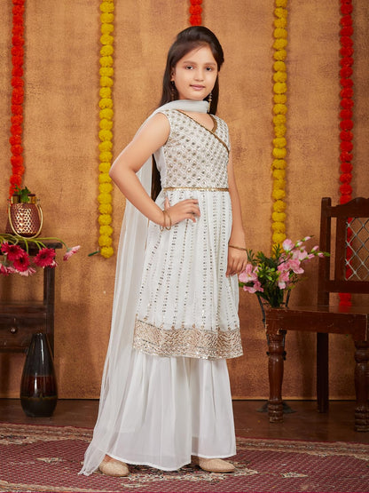 Aarika Girls Ethnic Wear Off White Colour Sequins Zari Embroidery Georgette Kurti Sharara Set (6-16 Years)