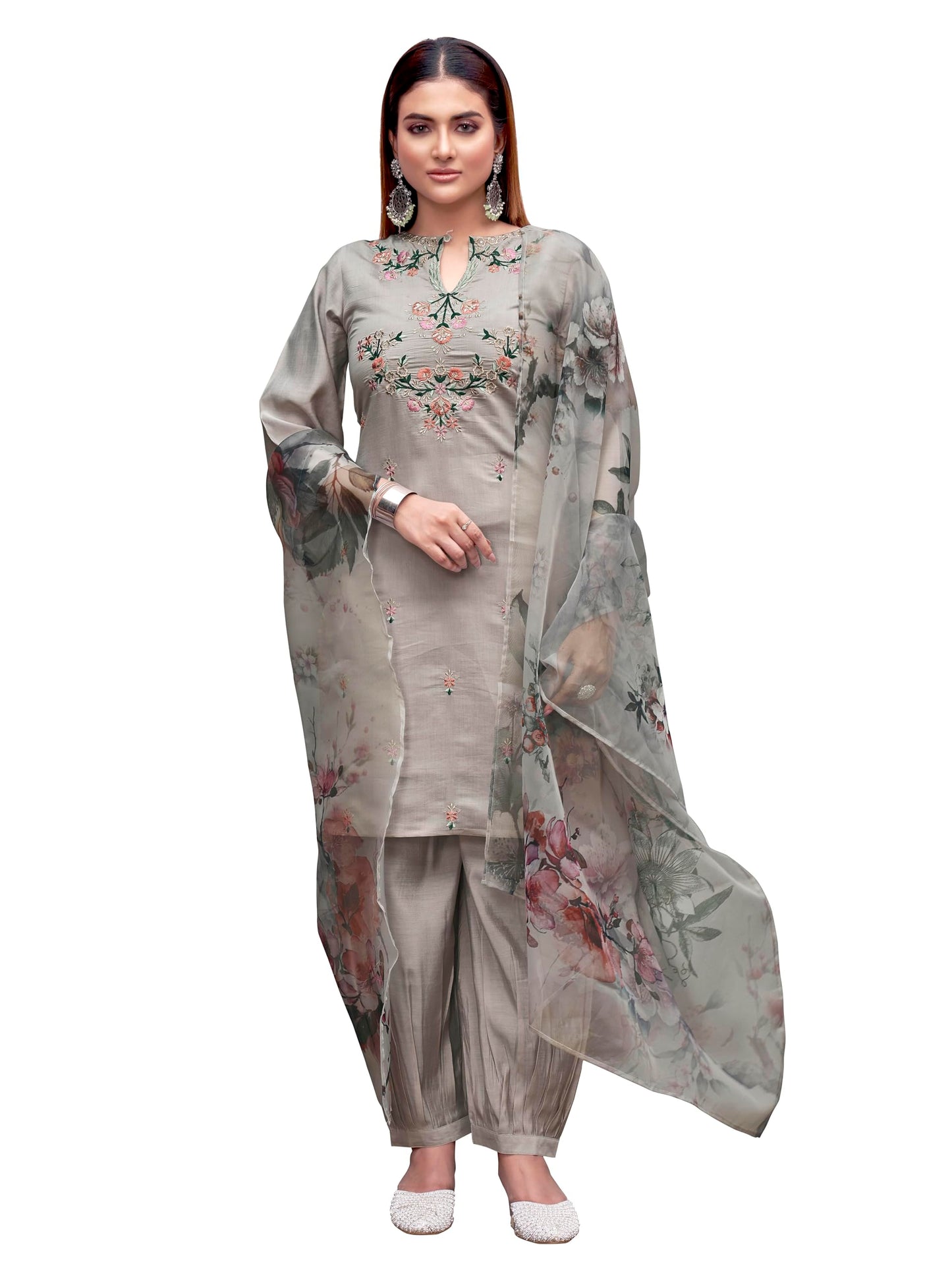 Womanista WomenS Silk Blend Solid Straight Embroidered Kurta Set (Kurtaset_1374_Silver