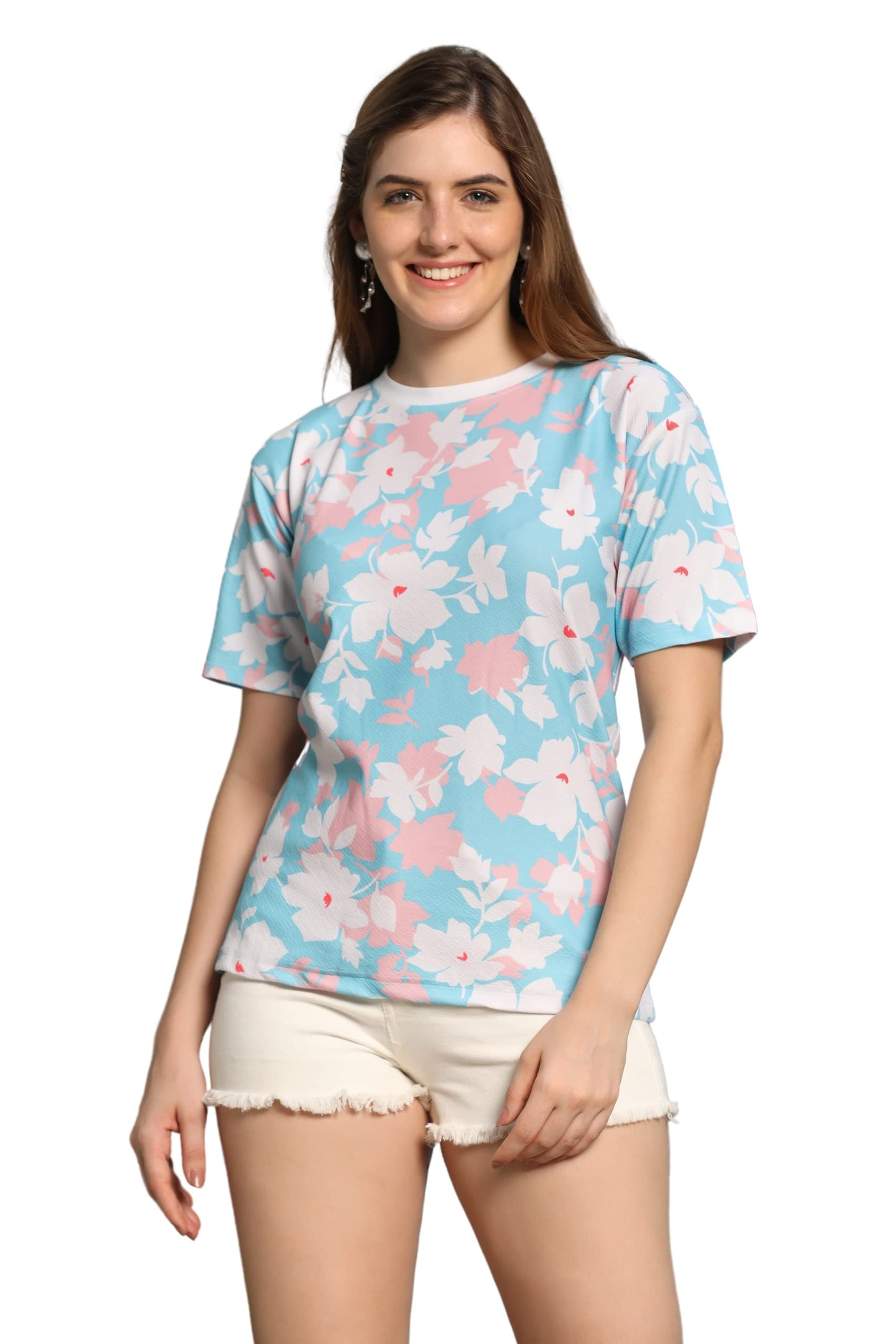 OM SAI LATEST CREATION Womens Lycra Casual Flower Printed Half Sleeve Western Top for Women/Girls Night wear Top (X-Small, Pink