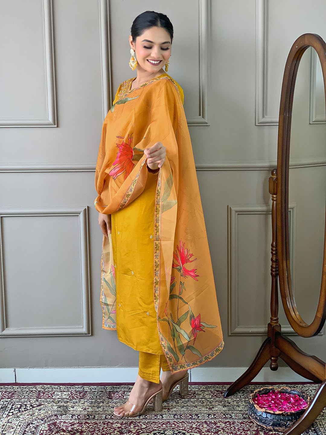 Naixa WomenS Mustard Viscose Silk Embroidered Straight Kurta With Viscose Silk Pant And Organza Printed Dupatta Sets (Nx-S-Gaur