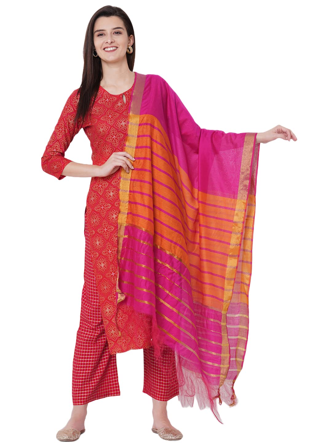 GoSriKi Women's Cotton Blend Straight Printed Kurta and Palazzos & Dupatta (Client Nw-GO)