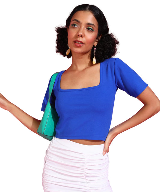 POPWINGS Women Casual Blue Solid Short Sleeve Self Design Crop Top