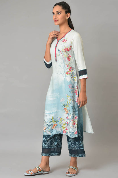 Aurelia Woman Rayon Twill Straight Floral Printed Blue Kurta and Pants Set | Floral Printed Summer Kurta and Culottes Set For Women
