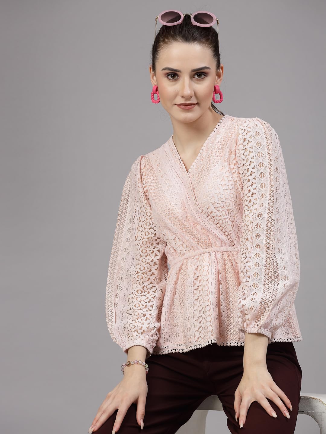 Style Quotient Women Peach Lace Casual Top