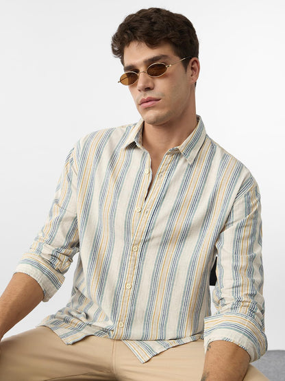 The Souled Store Cotton Linen Stripes: Sundown Men and Boys Long Sleeve Collared Neck Button Front Multicolor Stripes Regular Fi