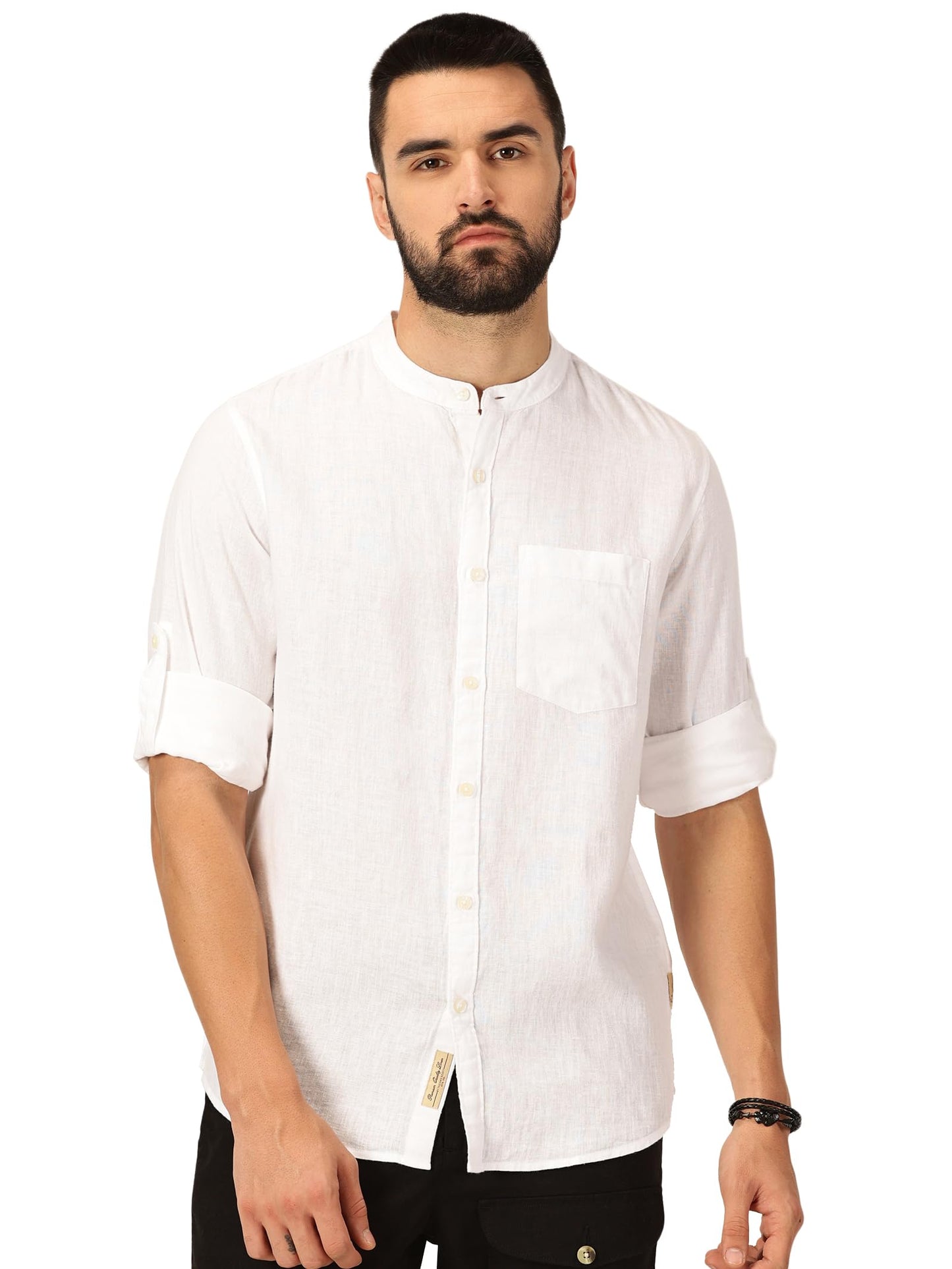 Thomas Scott Cotton Linen Mandarin Collar Roll Up Sleeve Casual Shirt for Mens