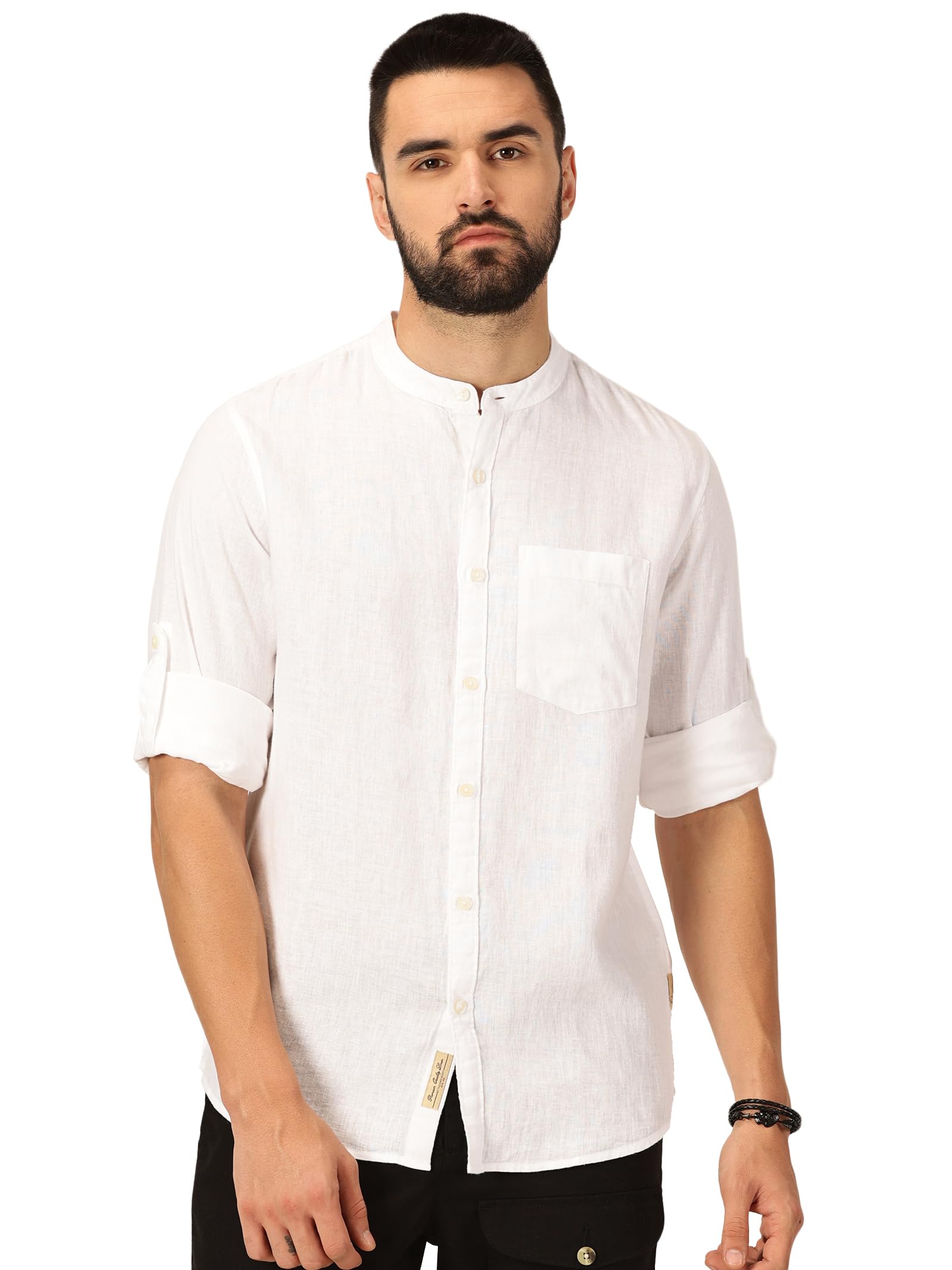 Thomas Scott Cotton Linen Mandarin Collar Roll Up Sleeve Casual Shirt for Mens