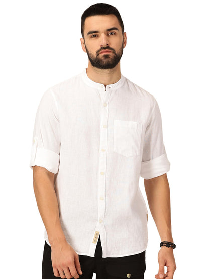 Thomas Scott Cotton Linen Mandarin Collar Roll Up Sleeve Casual Shirt for Mens