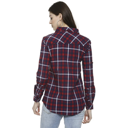 Campus Sutra Womens Red Tartan Plaid Button Up Regular Fit Shirt for Casual Wear | Spread Collar | Long Sleeves | Cotton Shirt