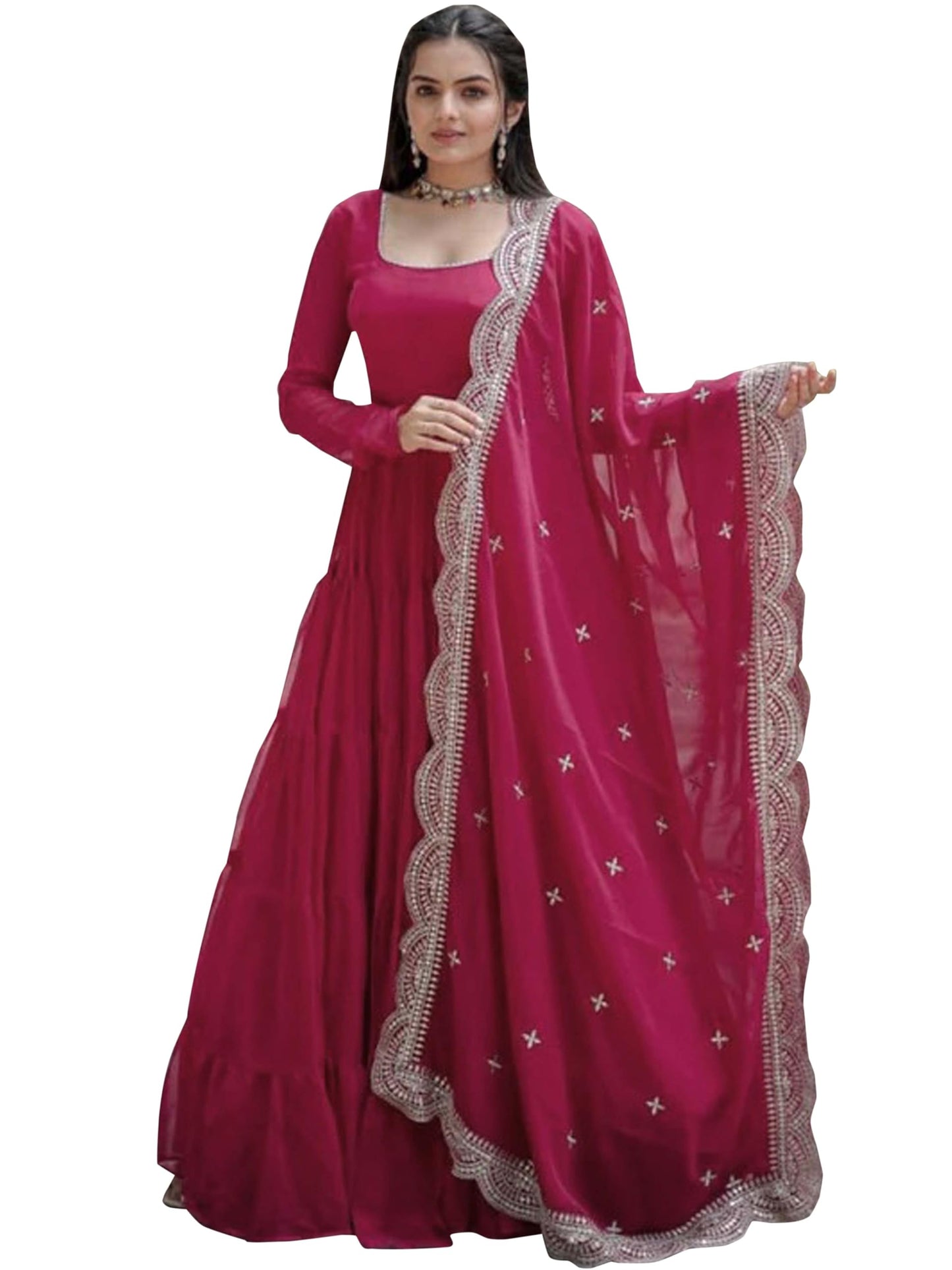Fashion Basket WomenS Georgette Solid Anarkali Dress Pink