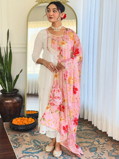 Naixa WomenS Off White Rayon With Inner Embroidered Straight Kurta With Rayon Pant And Silk Chiffon Laced Dupatta Sets (Nx-626-