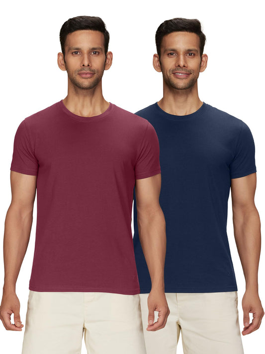 XYXX Mens Solid Regular Fit T-Shirt (XY_CR15_Tshirt_2_Bold Burgundy+Midnight Blue