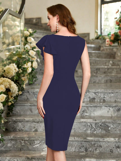Shasmi Girls & Womens Asymmetrical Sleeve Ruffle Trim Cocktail Party Fitted One Piece Knee Length Midi Dress For Women Stylish D