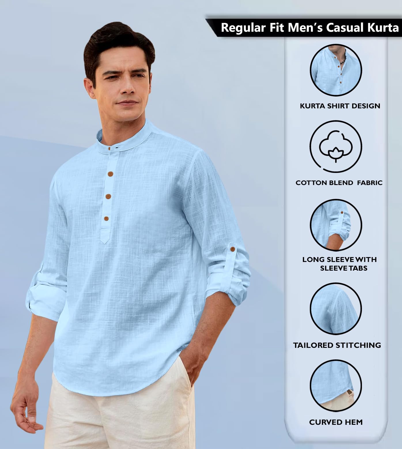 Zombom MenS Solid Cotton Blend Straight Kurta Shirt, Regular Fit Full Sleeve Short Kurta Shirt Sky Blue