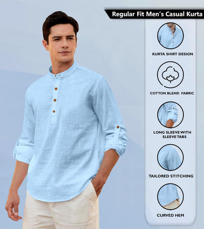 Zombom MenS Solid Cotton Blend Straight Kurta Shirt, Regular Fit Full Sleeve Short Kurta Shirt Sky Blue
