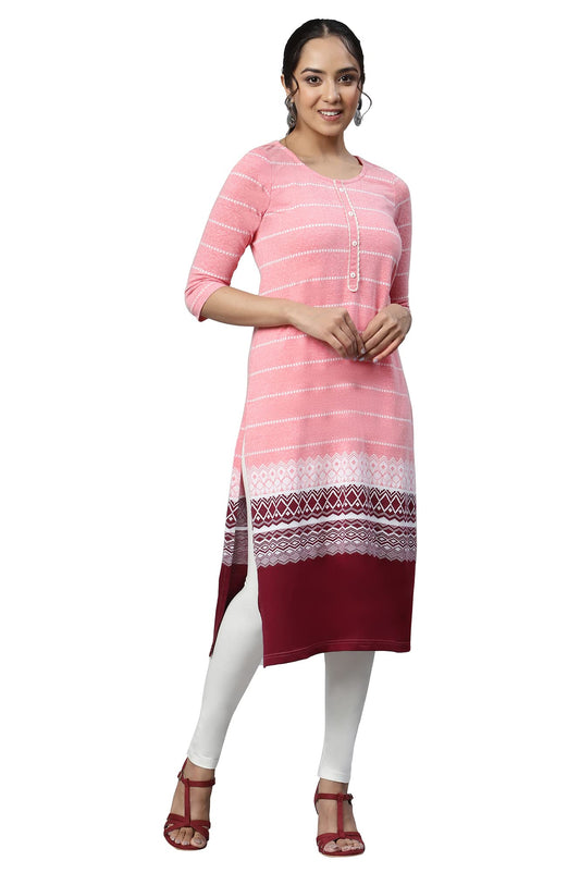 Aurelia Women Peach Cotton Blend Geometric Jacquard Straight Kurta