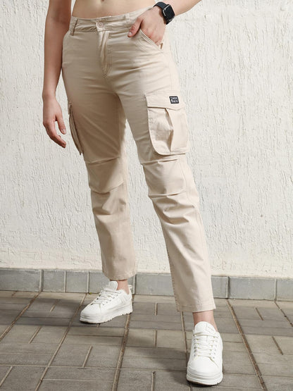 Hubberholme Women Beige Smart Casual Summer Cotton Regular Fit Solid Trousers