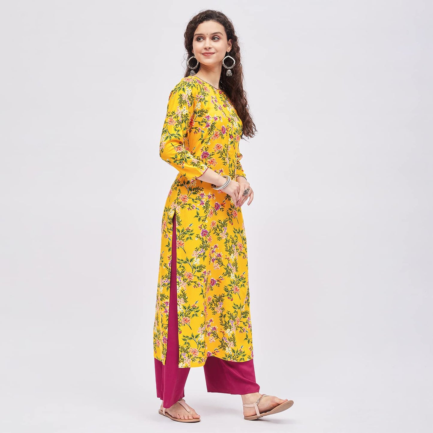 Tissu Women's Rayon Yellow & Pink Printed Kurta with Palazzo
