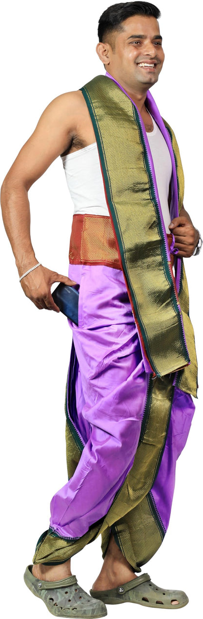 Prakasam Cotton Mens Asha Silk Panchakacham Ready To Wear Dhoti Towel Set With Pocket/Panchakacham Dhoti With Angavastram (Stitc