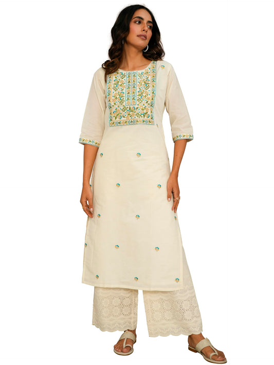 Libas WomenS Cotton Embroidered Straight Kurta (26727_Off White