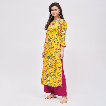 Tissu Women's Rayon Yellow & Pink Printed Kurta with Palazzo