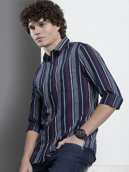 The Indian Garage Co Men Navy Striped Slim Fit Cotton Casual Shirt