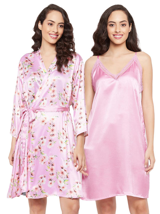 Clovia Womens Satin Pretty Printed Robe & Chic Basic Babydoll (NS1145R12_Purple_XL)