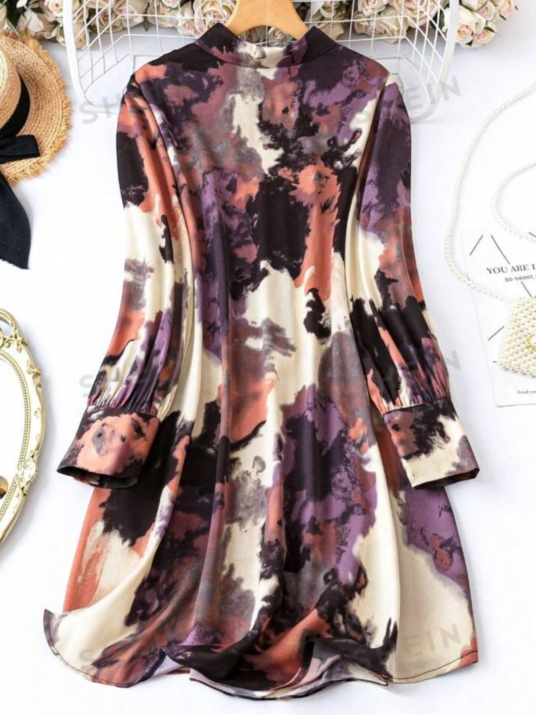 Gufrina WomenS Rayon Dress With Long Puff Sleeves Mandarin Collared Neck Tie Die Printed A-Line Style Regular Fit And Knee Leng