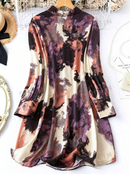 Gufrina WomenS Rayon Dress With Long Puff Sleeves Mandarin Collared Neck Tie Die Printed A-Line Style Regular Fit And Knee Leng