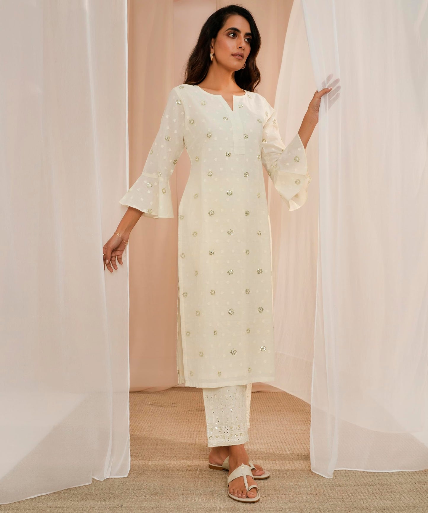 Libas Womens Embroidered Cotton Straight Kurta With Trousers And Dupatta