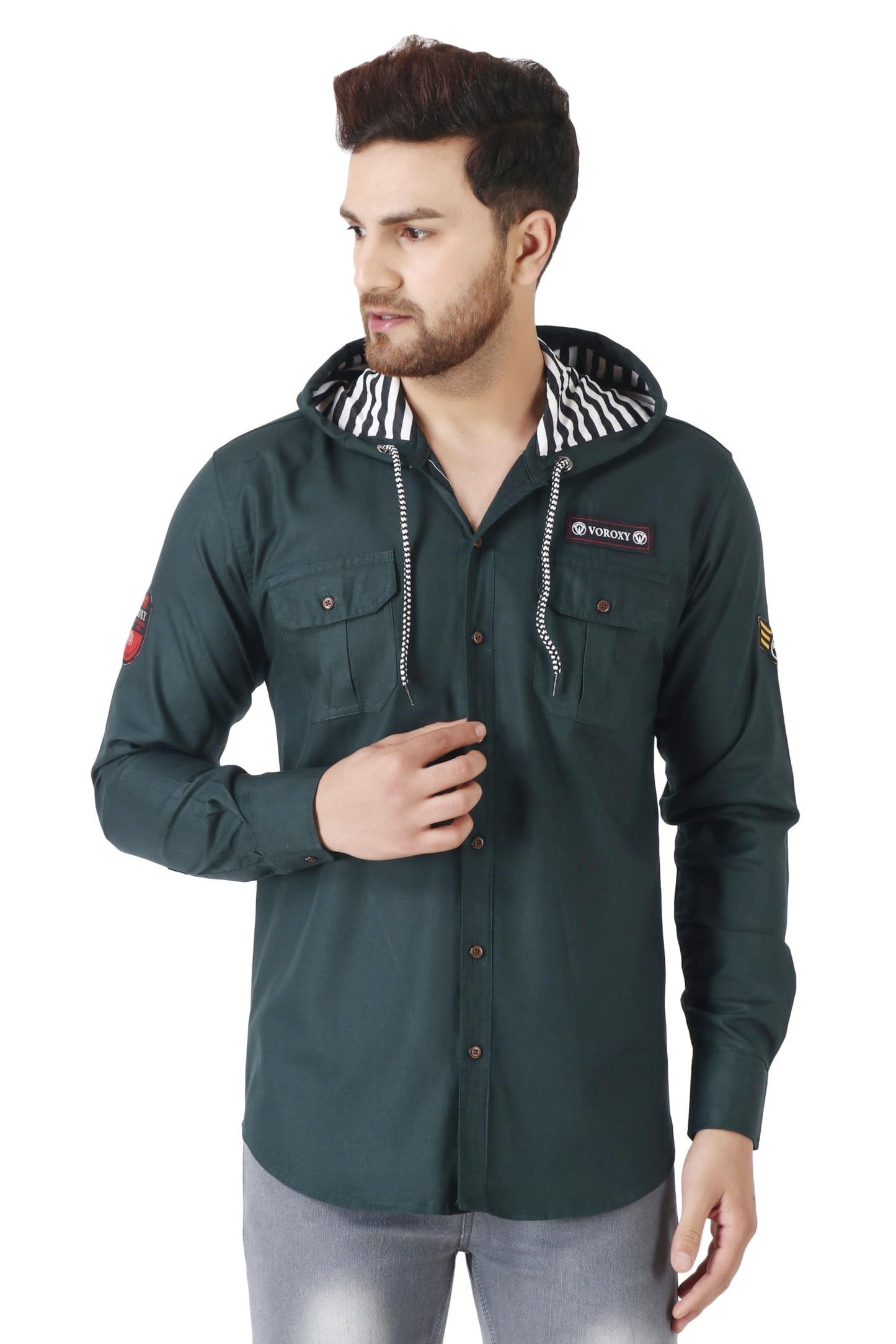 Besix MenS Green Tailored Fit Cotton Blend Shirt For Man With Hoodie - Casual Long Sleeve Shirt With Pockets - Patch Detail For