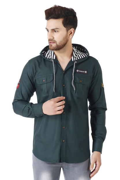Besix MenS Green Tailored Fit Cotton Blend Shirt For Man With Hoodie - Casual Long Sleeve Shirt With Pockets - Patch Detail For