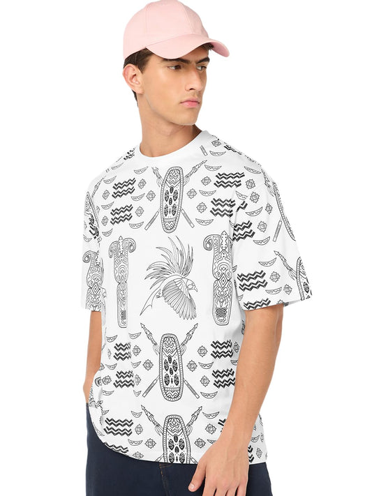 Bewakoof Heavy Duty 1.0 Mens All Over Printed Oversized Fit Half Sleeve Round Neck Cotton T-Shirt_685354_White_S