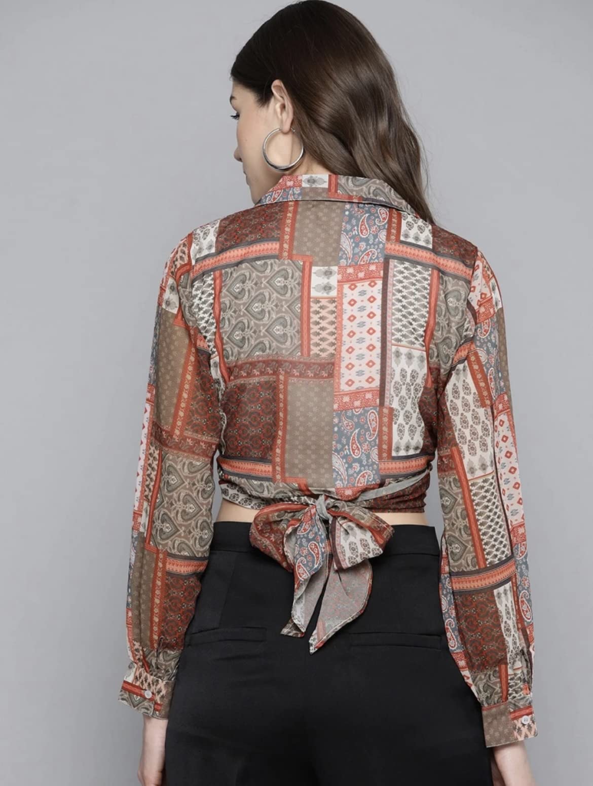 Pujia Mills Womens Brown Patch Tie Knot Crop Shirt Top Full Sleeve (Avina 51) Multicolor