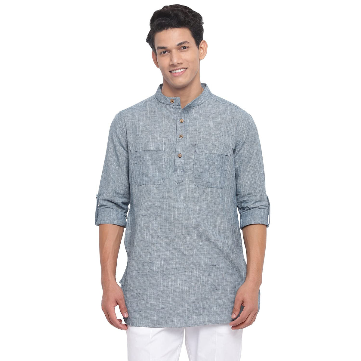 Fabindia Men Chinese Collar Short Kurta Cotton_Xs Blue