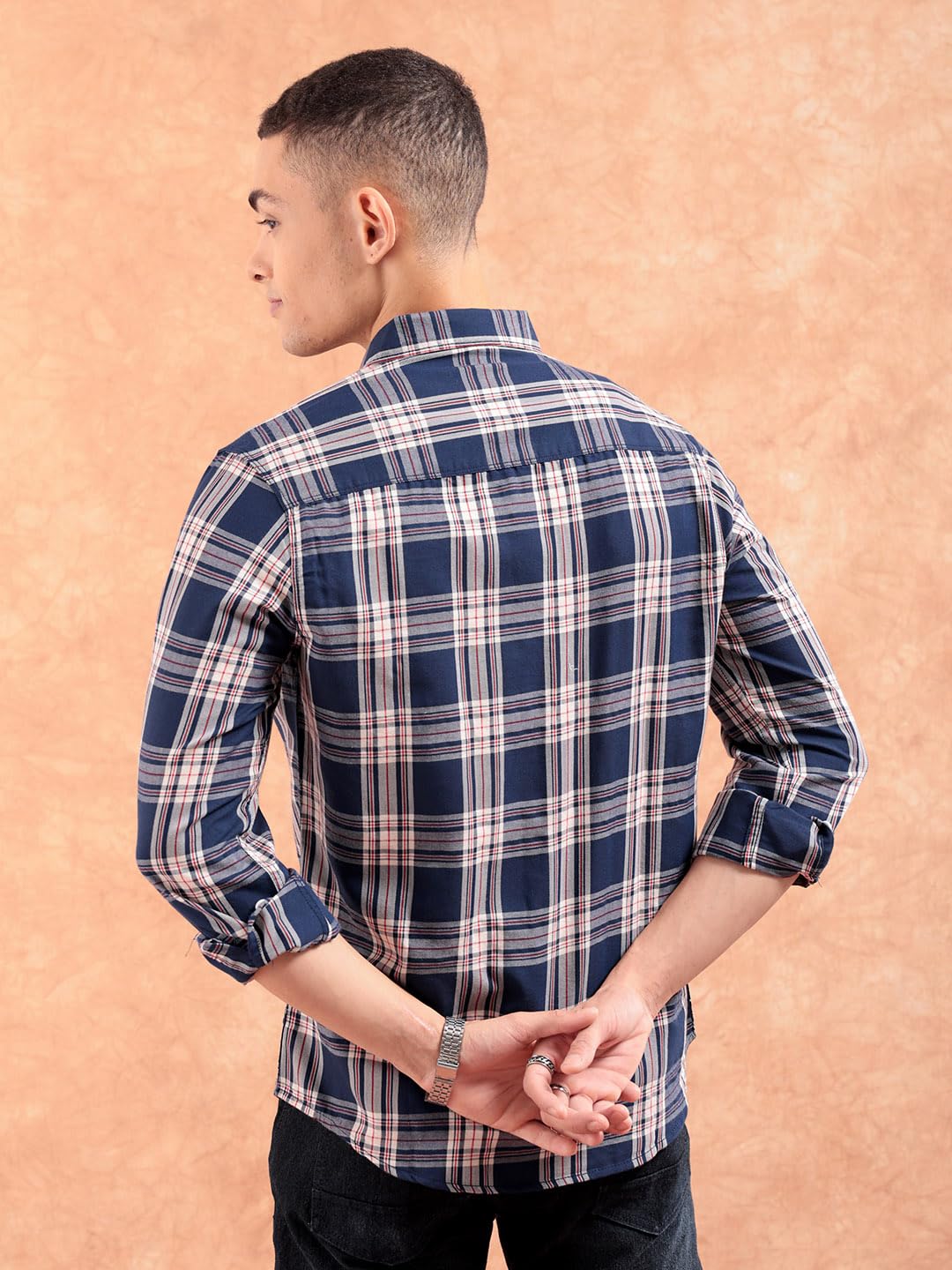 The Indian Garage Co Men Navy Checkered Slim Fit Cotton Casual Shirt