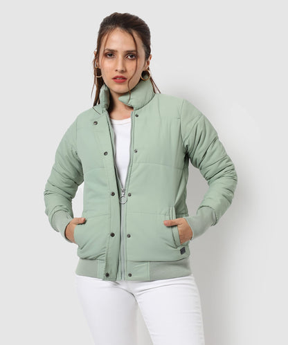 Campus Sutra Womens Light Green Puffer Regular Fit Bomber Jacket For Winter Wear | Standing Collar | Full Sleeve | Buttoned | C