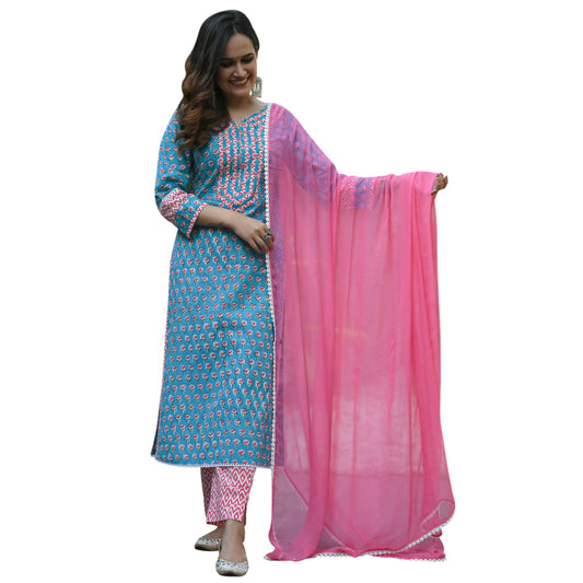 GoSriKi Women's Pure Cotton Straight Kurta with Palazzos & Dupatta (BP-GO)