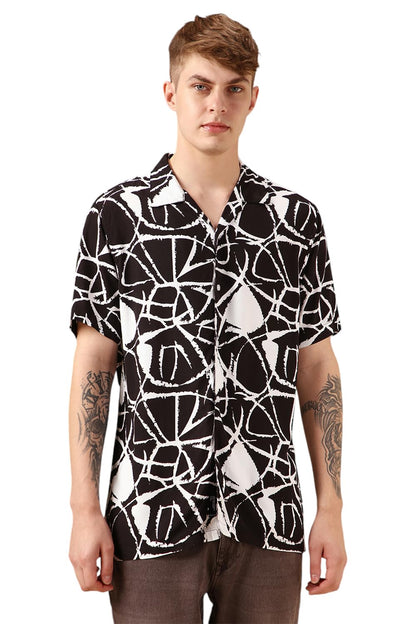 Dennis Lingo Men Black Rayon Half Sleeve Cuban Collar Printed Shirts_Dlmshsp24003