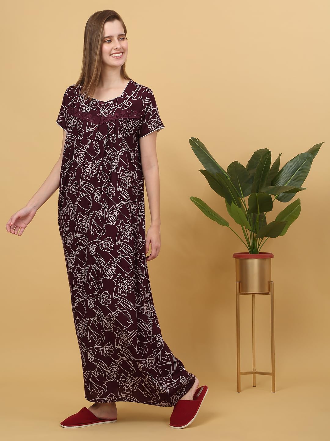 Sweet Dreams Women Printed Full Length Night Dress Maroon