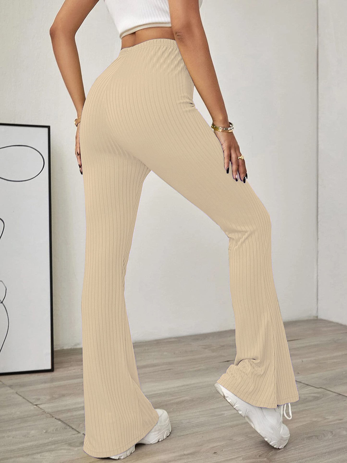 Shasmi Skin Beige Womens Yoga Dress Pants Stretchy Work Slacks Business Casual Office Flare Bell-Bottom/Boot-Cut Elastic Waist